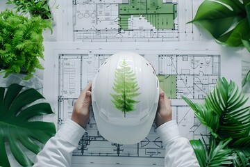 Promoting Environmental Sustainability: Architects and Engineers Implement Green Building Practices in Construction Blueprints. Concept Green Building Practices, Environmental Sustainability - obrazy, fototapety, plakaty