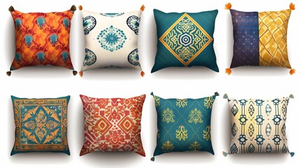 Cartoon oriental cushions in various colors and styles, suitable for Moroccan, Indian, or Asian interior decorations