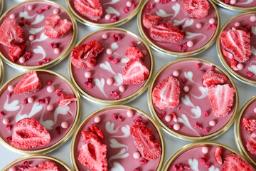 バレンタインのチョコレート、ハート模様とドライイチゴとベリーのピンクのルビーチョコ