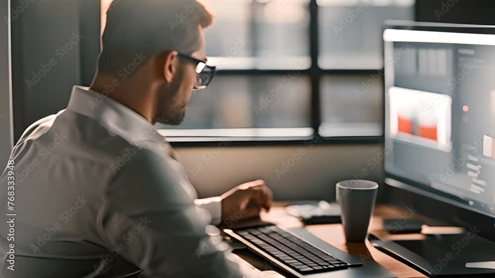 Poster man sitting at desk using computer generative ai