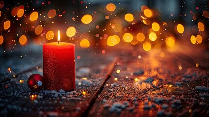 Christmas Advent Candle on Wooden Table with Glittering Bokeh and Decoration Lights