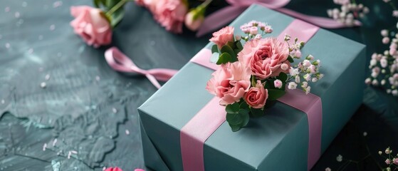 Gift box with flowers, Birthday, Wedding, Anniversary, Valentines day gift concept image