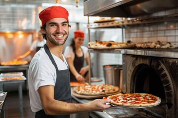 A happy chef in a red hat slides a freshly made pizza into a wood-fired oven, set in a bustling kitchen environment - Powered by Adobe