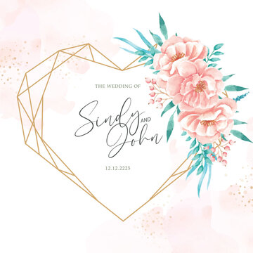 Heart shape frame with peach flower ornament on wedding invitation template