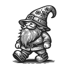 Naklejka premium cheerful garden gnome with a tall hat and a long, bushy beard sketch engraving generative ai fictional character vector illustration. Scratch board imitation. Black and white image.