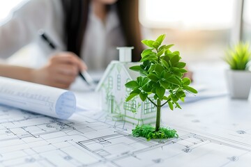 Architects and engineers designing green building practices in construction blueprints for environmental sustainability. Concept Green Building Practices, Environmental Sustainability