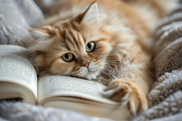Ginger cat lounging on an open book. Generative AI image