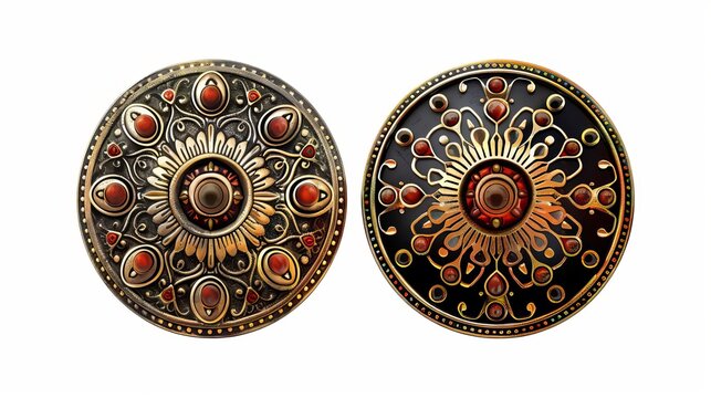 Two vintage boho-style buttons or brooches, depicted as isolated fashion accessories with intricate designs