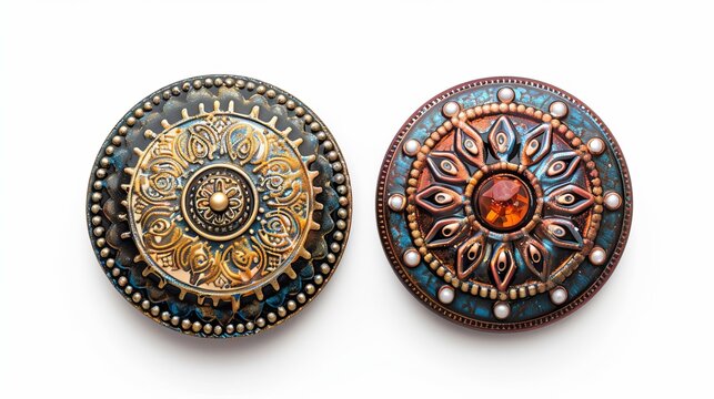Two vintage boho-style buttons or brooches, depicted as isolated fashion accessories with intricate designs