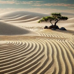 Zen Garden Sand: A minimalist zen garden with raked sand patterns. - obrazy, fototapety, plakaty