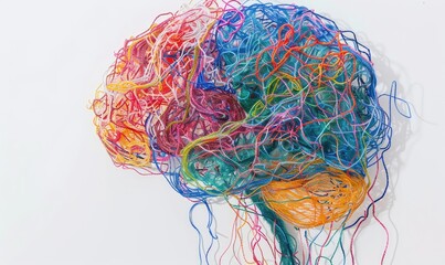 A human brain made of colorful tangled threads
