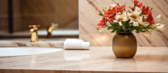 A glass vase filled with colorful blooming flowers sits on a kitchen counter