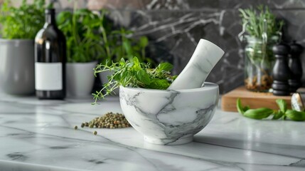 Marble mortar and pestle set on a kitchen countertop, essential for grinding fresh herbs and spices. - obrazy, fototapety, plakaty