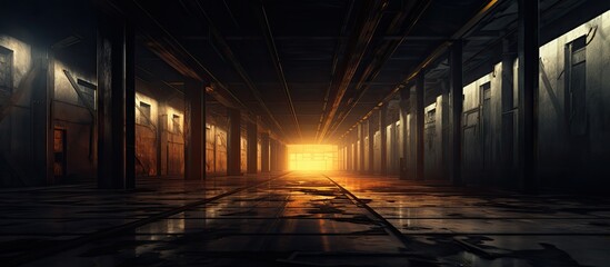 A dimly lit corridor stretches with a soft glow of light casting shadows towards the distant end