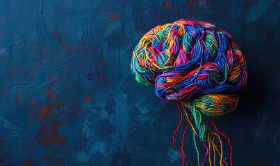 A human brain made of colorful tangled threads - obrazy, fototapety, plakaty