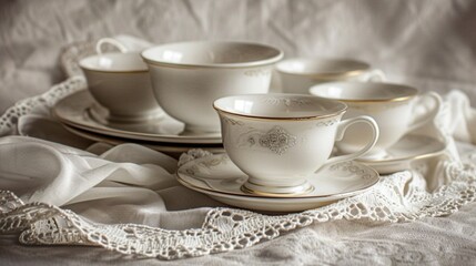 Set of porcelain teacups and saucers arranged neatly on a lace doily, perfect for a cozy afternoon tea. - obrazy, fototapety, plakaty