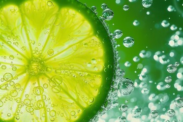 lime slice in water bubbles. generative ai.