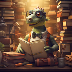 A dinosaur in a human suit reads books in the library. Illustration. Abstract concept of schooling.
