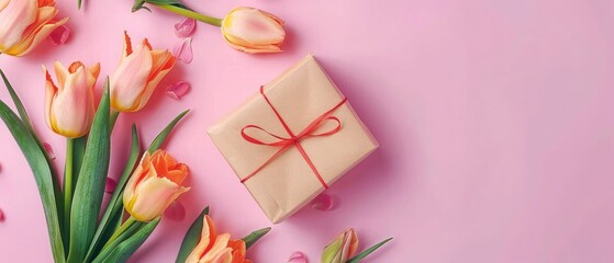 tulips and gift box on pink background. Stylish soft image of spring flowers. Happy womens day. Happy Mothers day