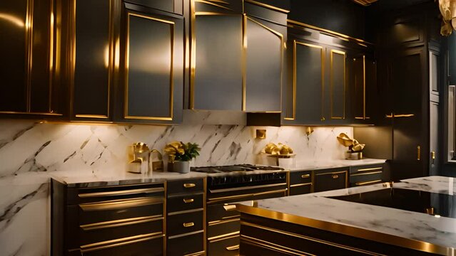 Modern Kitchen With Marble Countertops and Black Cabinets Generative AI