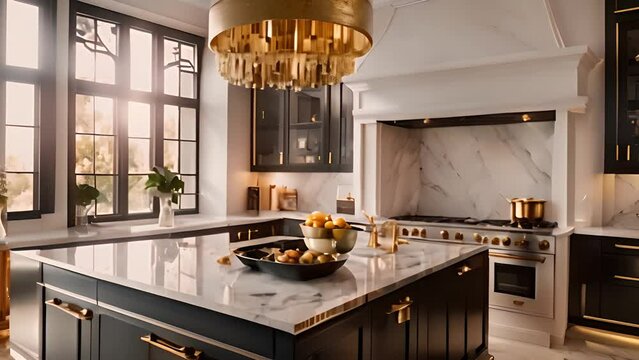 Modern Kitchen With Marble Countertops and Black Cabinets Generative AI