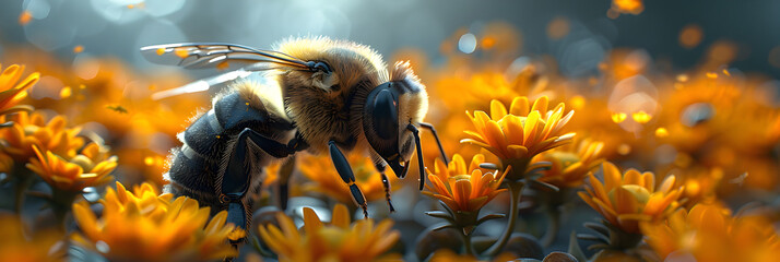 Bees pollinate food crops, cute 3D anime style,
Busy honey bee working in the meadow collecting pollen from flowers  - obrazy, fototapety, plakaty