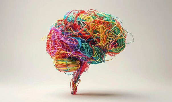 A human brain made of colorful tangled threads