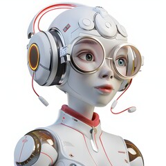 A humanoid robot wearing DJ headphones and glasses, surrounded by vintage-style audio equipment, capturing a retro yet futuristic music mixing scene.