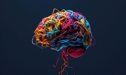 A human brain made of colorful tangled threads