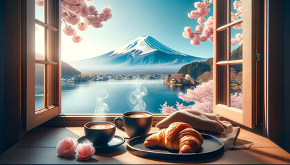 Sakura Season Morning: Coffee, Croissants, Mount Fuji Lake View