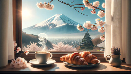 Sakura Season Morning: Coffee, Croissants, Mount Fuji Lake View