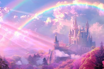 The imagination reigns supreme, as a princess's castle kingdom, adorned in white and pink with a rainbow arching overhead, faces a threat against its dreamlike environment.