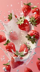 Food poster, featuring several oversized Dandong strawberries with splashing milk, set against a solid color background. The illustrations are in light colors with - generative ai