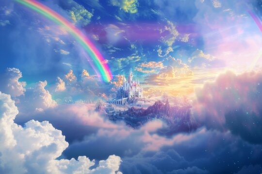 The imagination reigns supreme, as a princess's castle kingdom, adorned in white and pink with a rainbow arching overhead, faces a threat against its dreamlike environment.