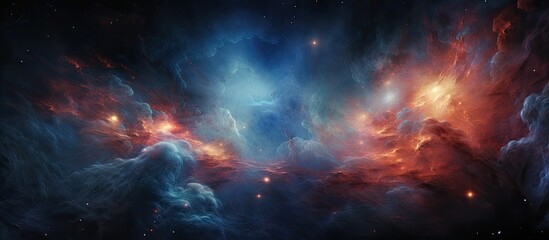 Obraz premium Cosmic scene depicting a surreal dark blue and orange nebula with a scattering of shimmering stars in the vast universe