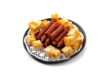 a plate of cheddar cheese cubes and pepperoni sausage chunks isolated on white
