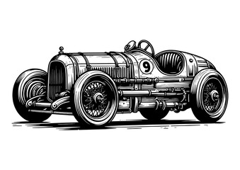  Classic Vintage Race Car engraving sketch PNG illustration with transparent background
