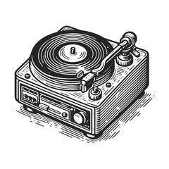 Classic vinyl record player in detailed sketch engraving generative ai fictional character vector illustration. Scratch board imitation. Black and white image.