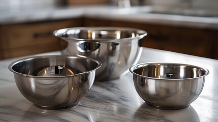 Stainless steel mixing bowls in various sizes, essential for whipping up delicious batters and doughs. - obrazy, fototapety, plakaty