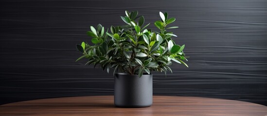 Displaying a potted plant with vibrant green leaves placed on a wooden table indoors