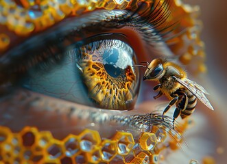 Close up of an eye with honeycomb texture, and a bee perched on the side, photography made with Generative AI