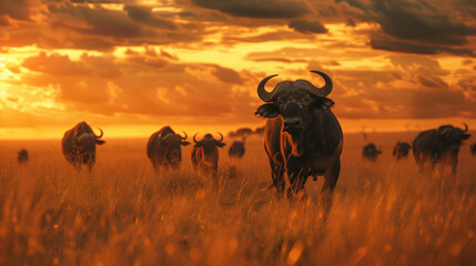 a group of buffaloes walking through the savanna