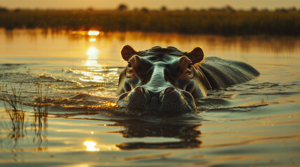 a hippopotamus swimming in the water in a savannah lake - Powered by Adobe