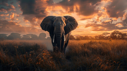 an elephant walking head on in the savanna - obrazy, fototapety, plakaty