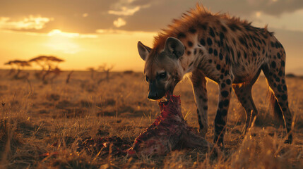 Hyena eating its prey in the savanna - obrazy, fototapety, plakaty