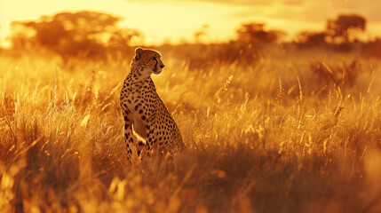 a cheetah sitting among the grass in the savanna