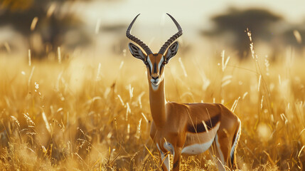 Gazelle head-on among the grass in the savanna