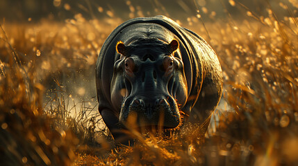 A hippopotamus from the front in the savannah