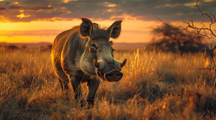 African Warthog  walking through the savanna on a sunset