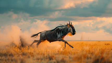 Wildebeest escaping running in the savannah